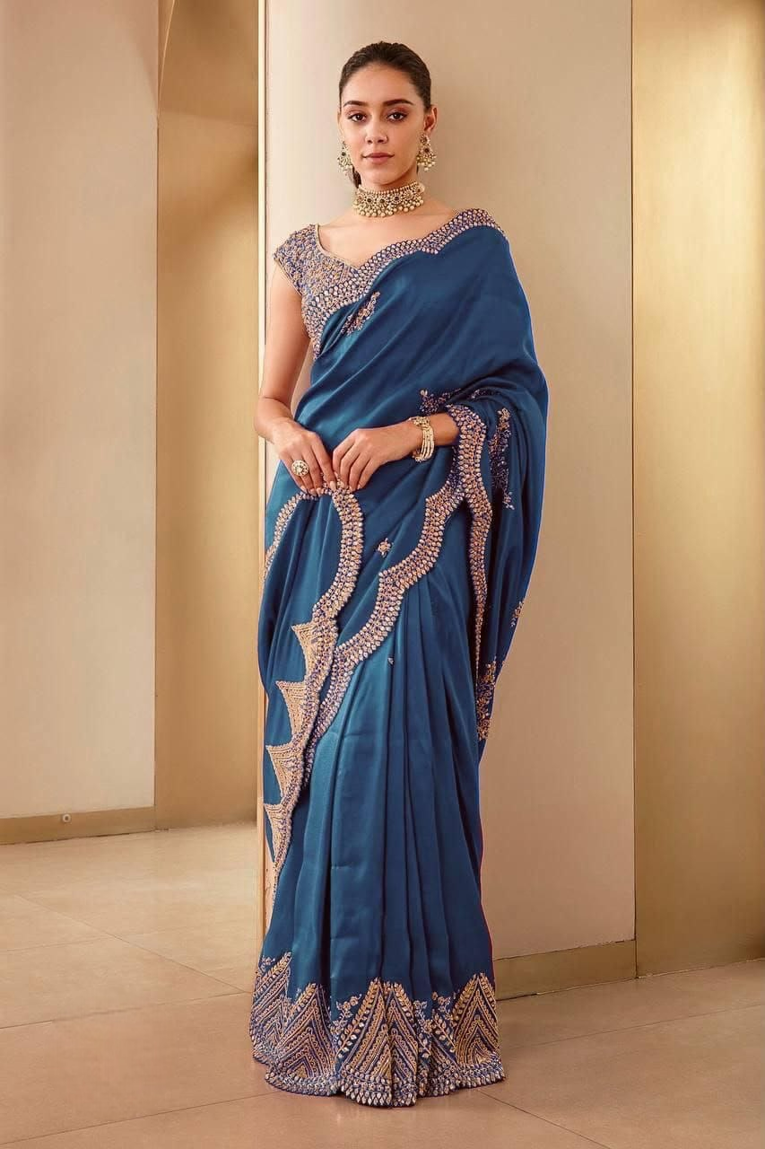 Peacock Teal Blue Designer Embroidery Zari Saree